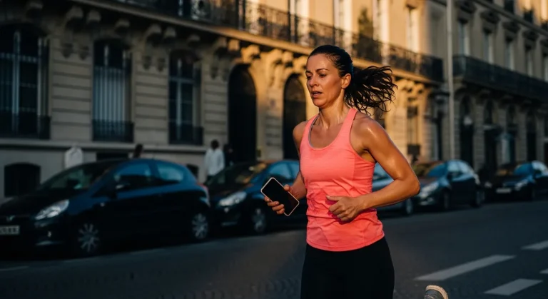 Femme qui court le téléphone à la main