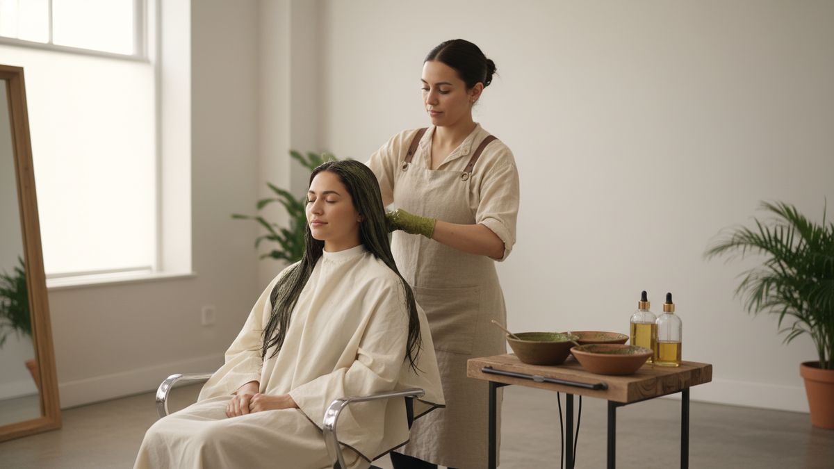 Coiffeuse en train de faire un lissage indien à une cliente