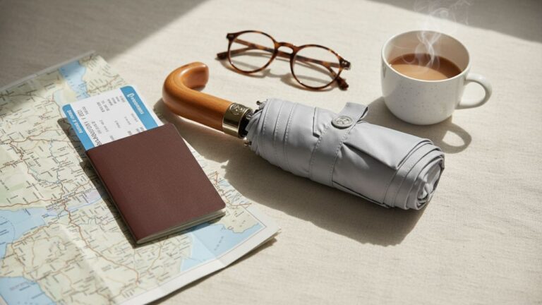 Parapluie à côté d'une carte et d'un passeport avant de prendre l'avion