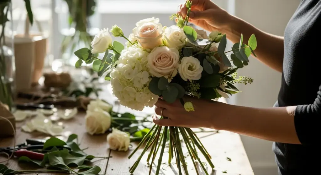 Fleuriste qui prépare un bouquet