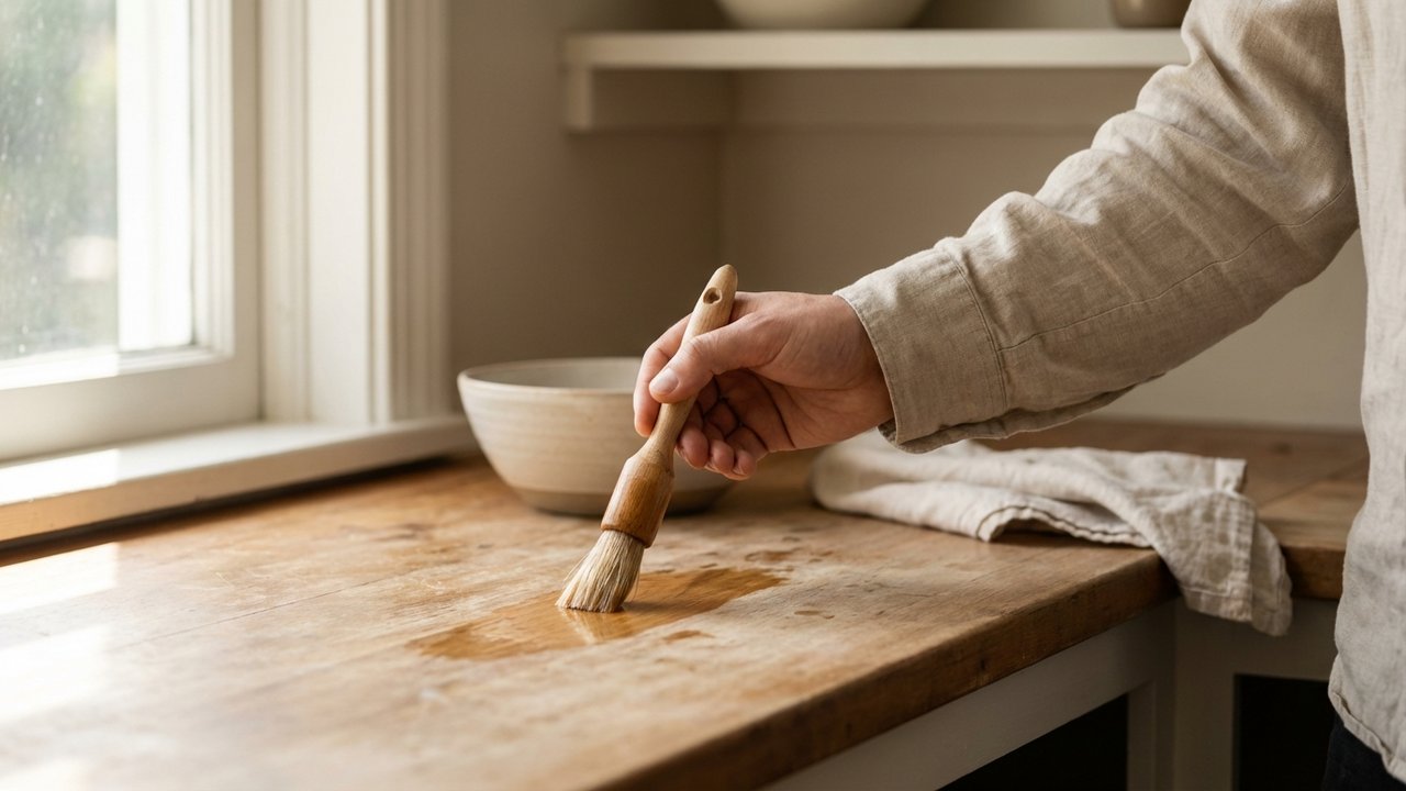 Application d'huile ou vernis sur un plan de travail en bois