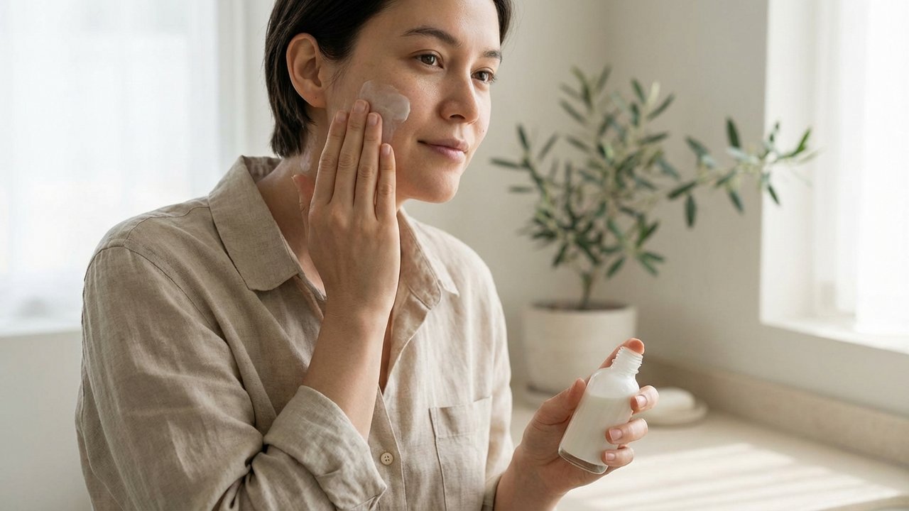 Application de crème solaire fluide sur le visage et le cou pour prévention kératoses actiniques
