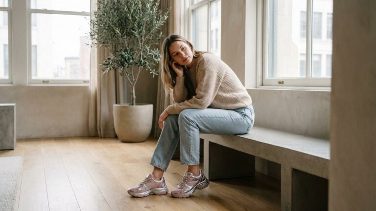 Baskets tendance femme en rose vif et argenté