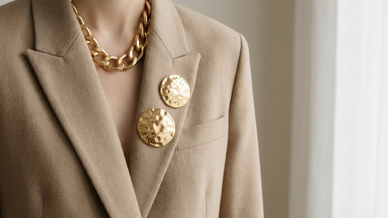 Accessoires choc : broches XXL dorées et bijoux imposants superposés