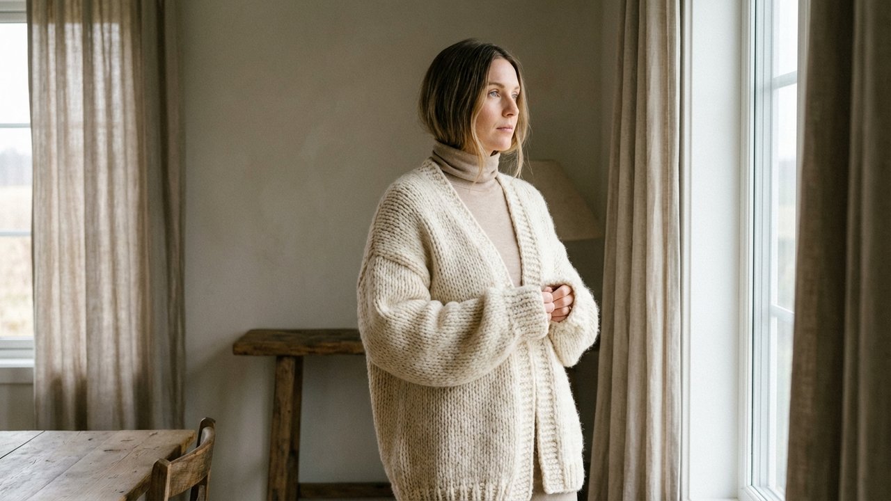 Cardigan long et oversize en laine porté en superposition hivernale