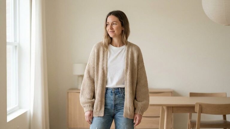 Femme portant un cardigan beige avec un jean et baskets blanches
