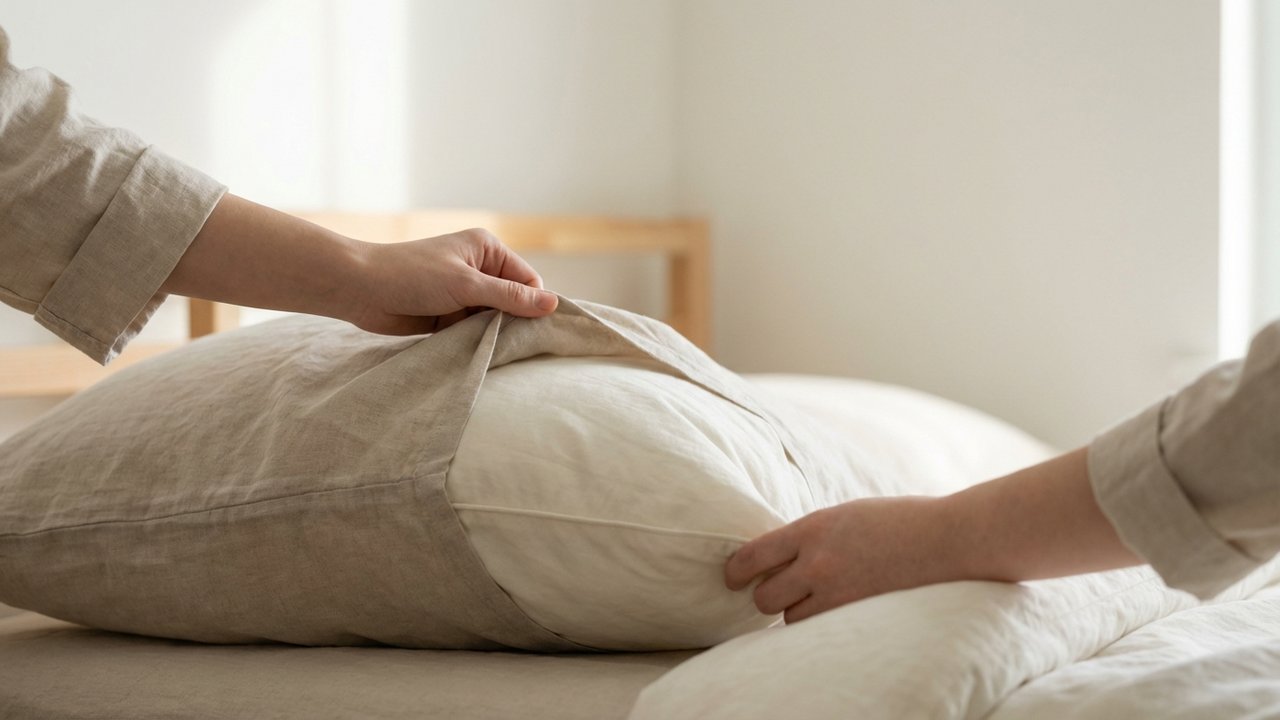 Fixation des coins de la couette dans les angles de la housse