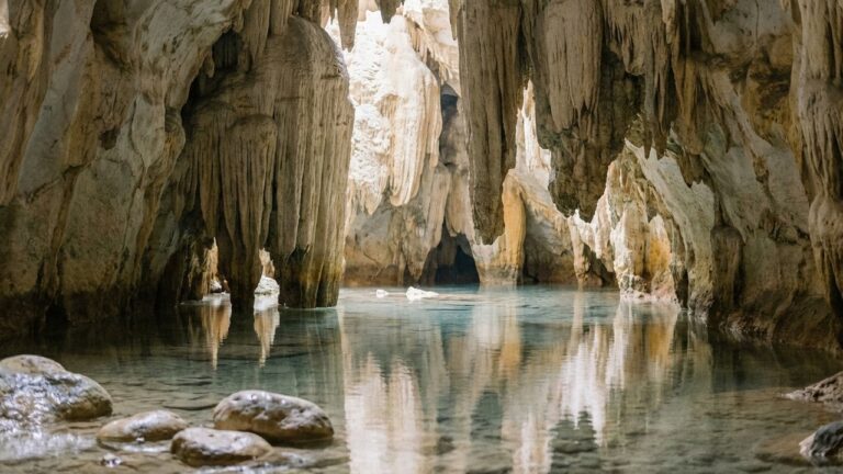 Grotte souterraine de Majorque avec lac souterrain et stalactites