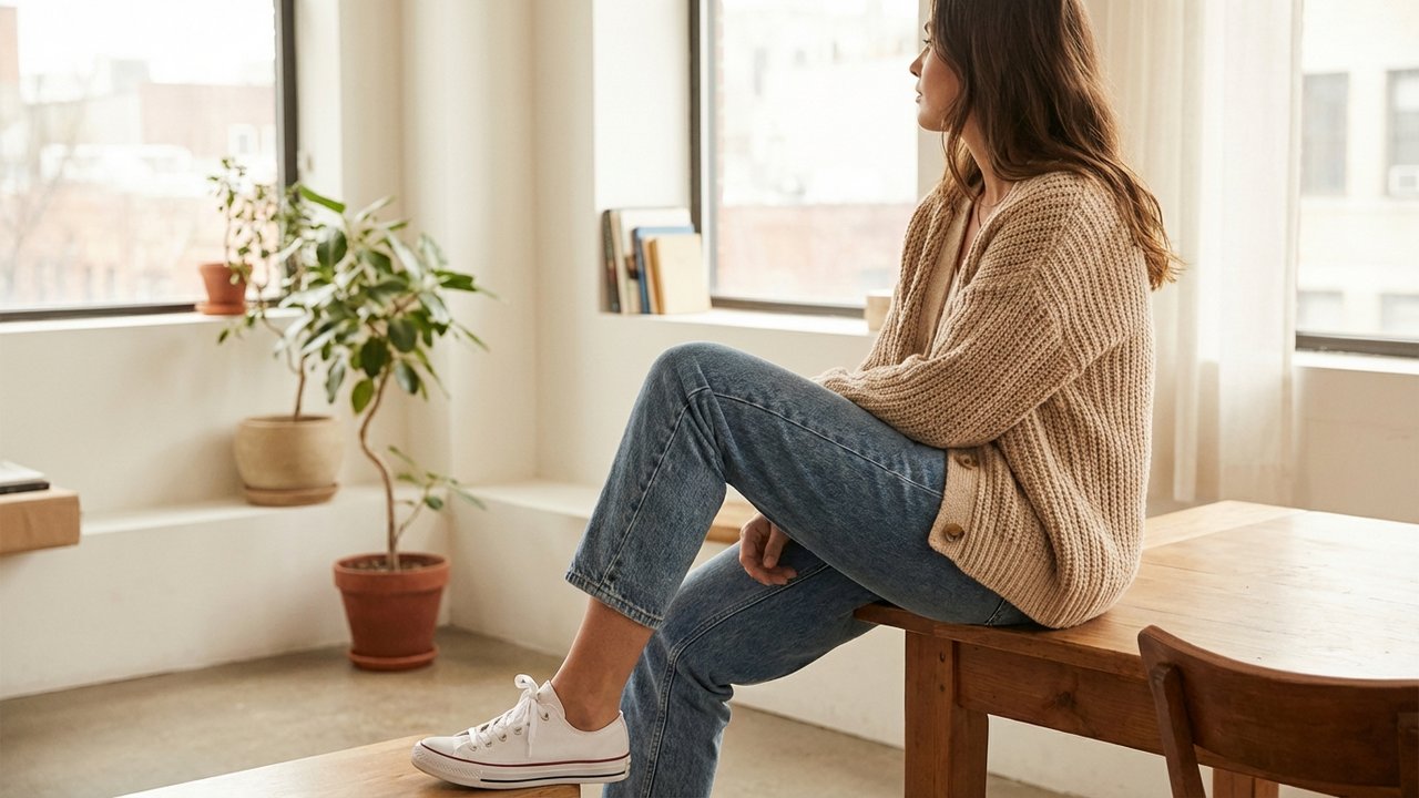 Tenue décontractée avec cardigan, jean mom taille haute et baskets
