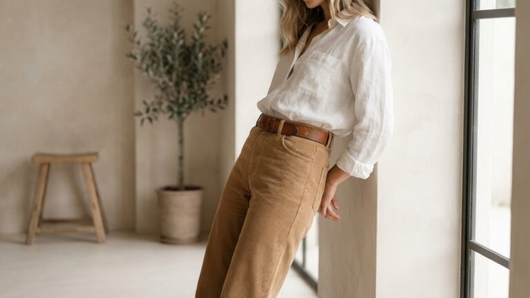 Femme portant un pantalon velours côtelé camel avec chemise blanche