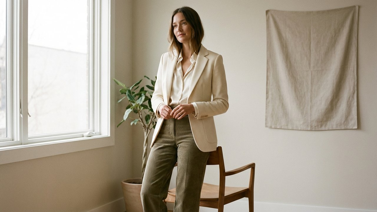 Tenue de bureau avec pantalon velours côtelé large et blazer ajusté