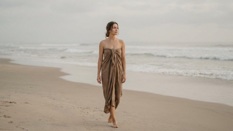 Femme portant un paréo noué en robe bustier à la plage