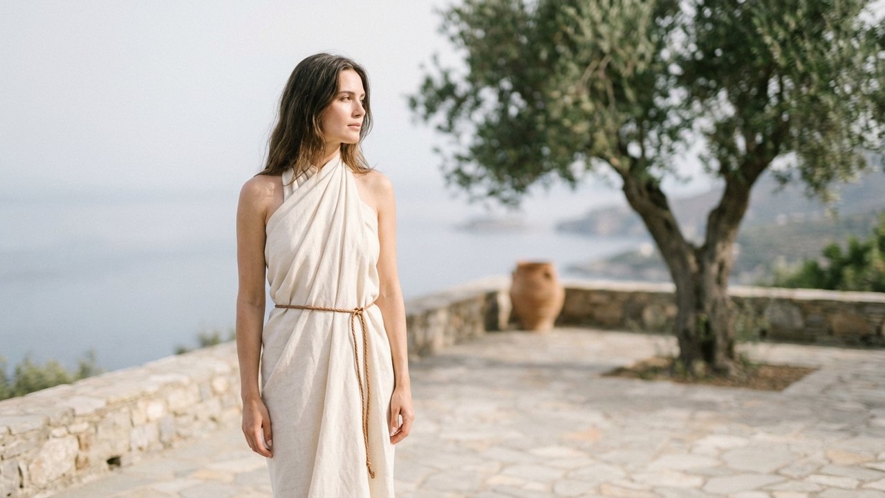 Paréo porté en robe grecque avec ceinture à la taille