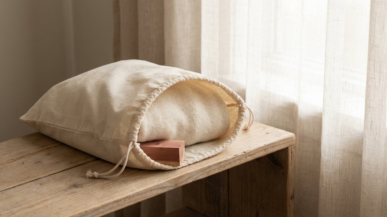 Rangement d'un pull en alpaga plié dans un sac en coton