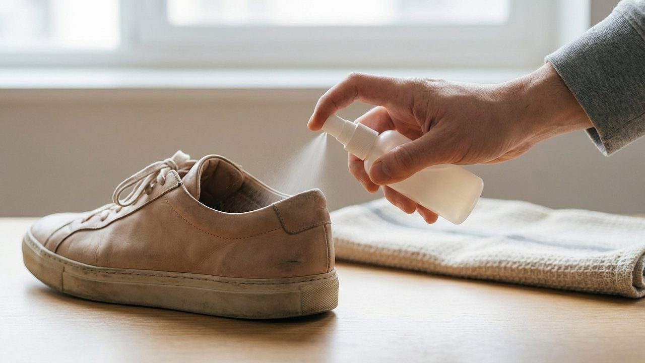 Application de spray assouplissant à l'intérieur d'une basket en cuir