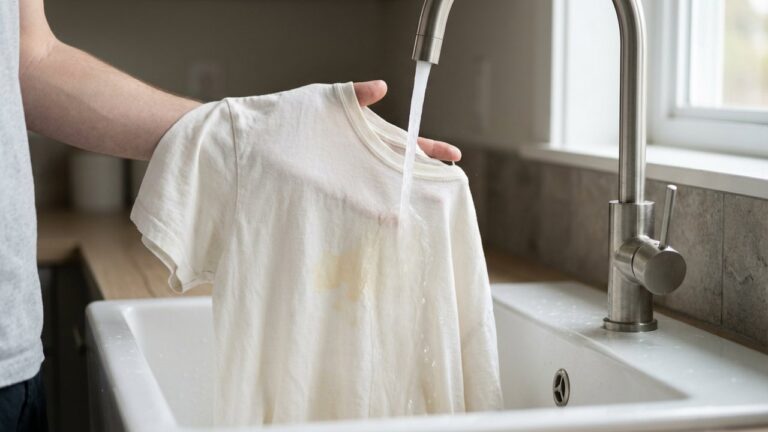 Rinçage immédiat d'une tache de javel sur un vêtement blanc