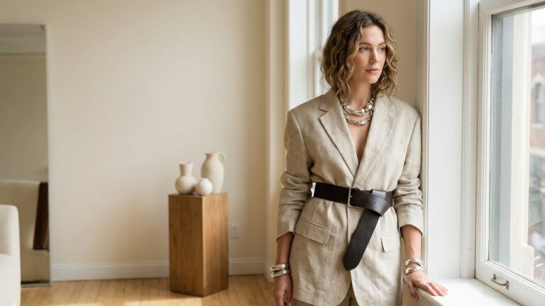 Tenue chic avec détail choc : blazer oversize, ceinture épaisse et bijoux imposants