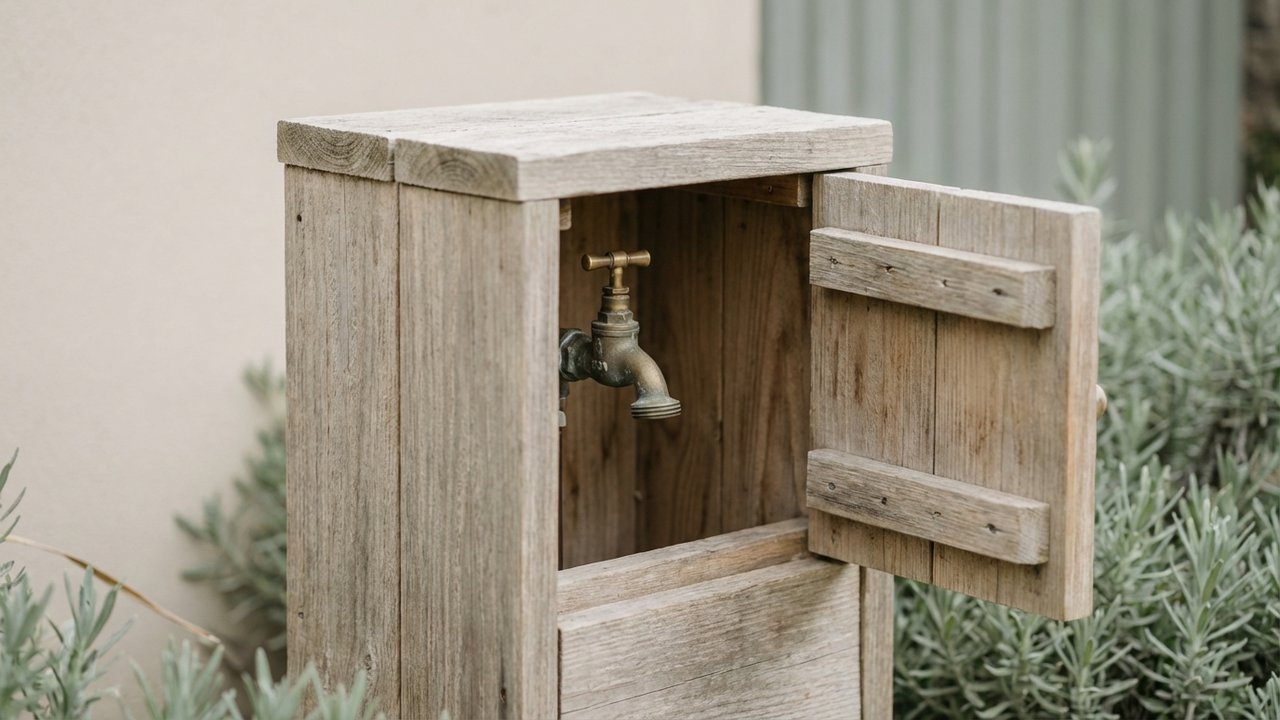 Coffrage en bois fait maison autour d'un robinet de jardin avec trappe d'accès