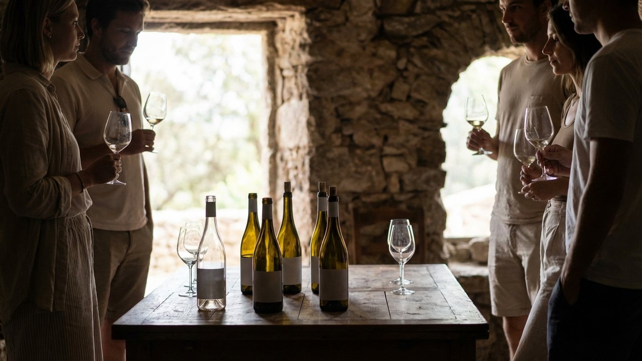 Dégustation de vin corse en cave avec verres et bouteilles AOC