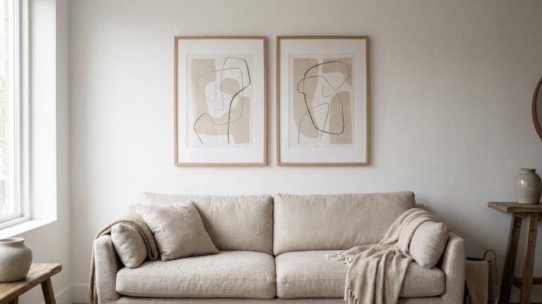 Deux tableaux disposés côte à côte sur un mur blanc au-dessus d'un canapé