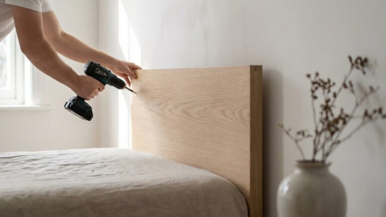 Fixation d'une tête de lit en bois au mur avec perceuse