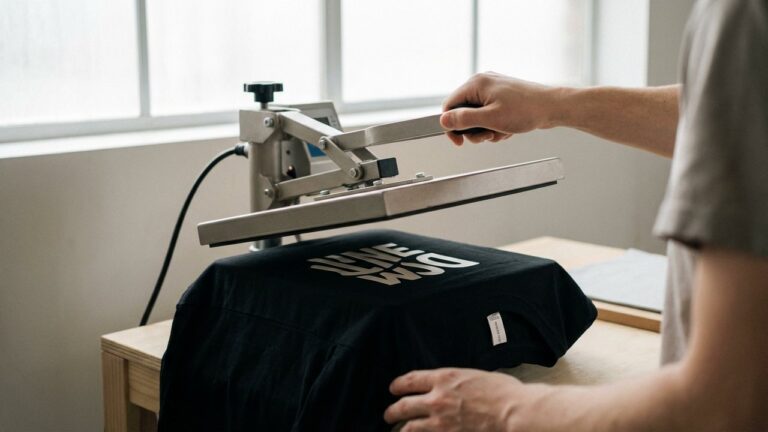Application d'un flocage vinyle sur un t-shirt noir avec une presse à chaud