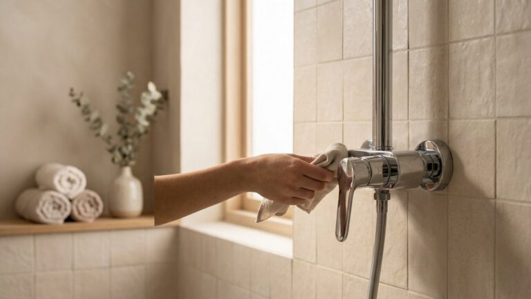Installation d'un mitigeur de douche chromé sur carrelage