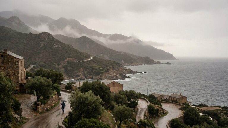 Paysage corse sous la pluie avec montagnes et mer