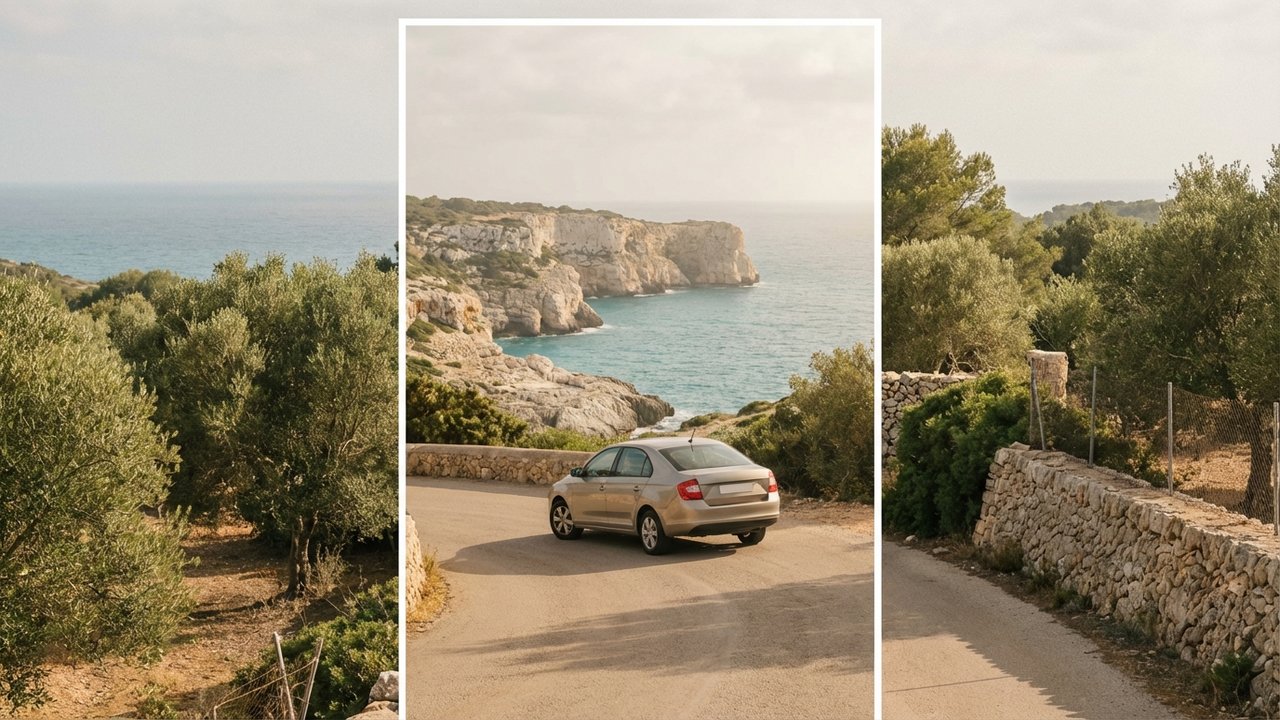 Voiture de location sur une route côtière sinueuse de Minorque