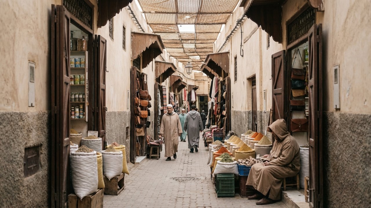 Ruelles étroites de la médina avec souks et odeurs d'épices au Maroc