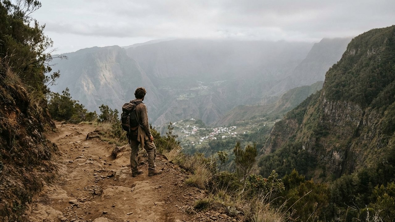 Randonneur sur un sentier montagneux dominant le cirque de Cilaos à la Réunion