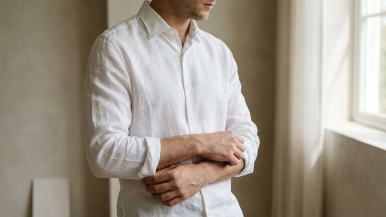 Homme retroussant les manches d'une chemise blanche avec style