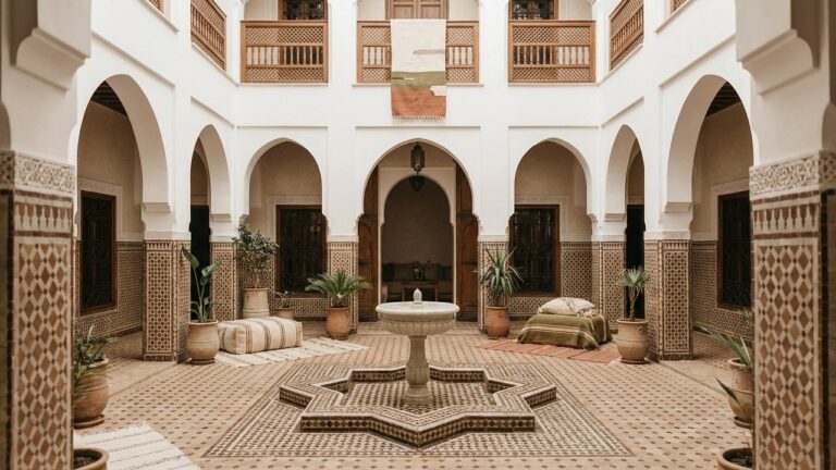 Patio central d'un riad marocain avec fontaine et décoration traditionnelle