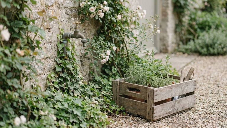 Robinet de jardin dissimulé avec plantes grimpantes et cache-robinet