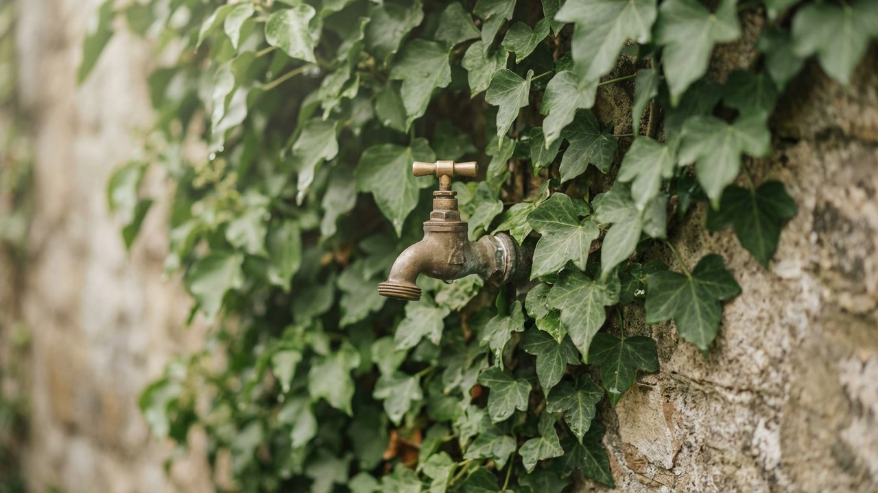 Robinet de jardin caché par des plantes grimpantes naturelles