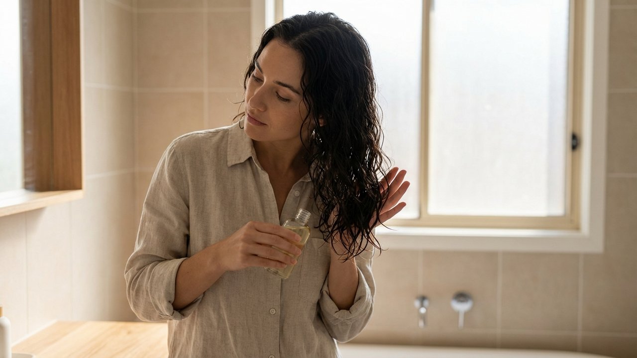 Application de sérum ou huile pour affiner et assouplir les cheveux