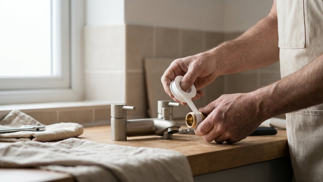 Enroulement de ruban Téflon sur les raccords du mitigeur