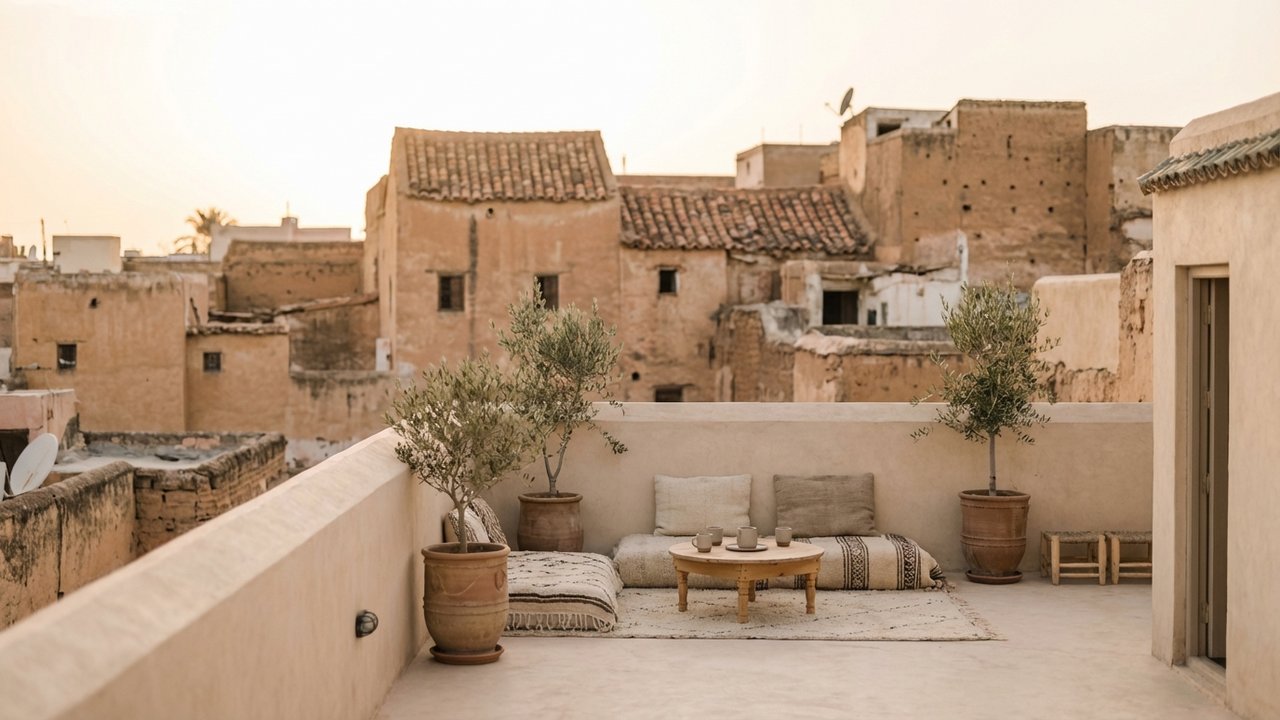 Terrasse d'un riad avec vue calme sur les toits de la médina marocaine