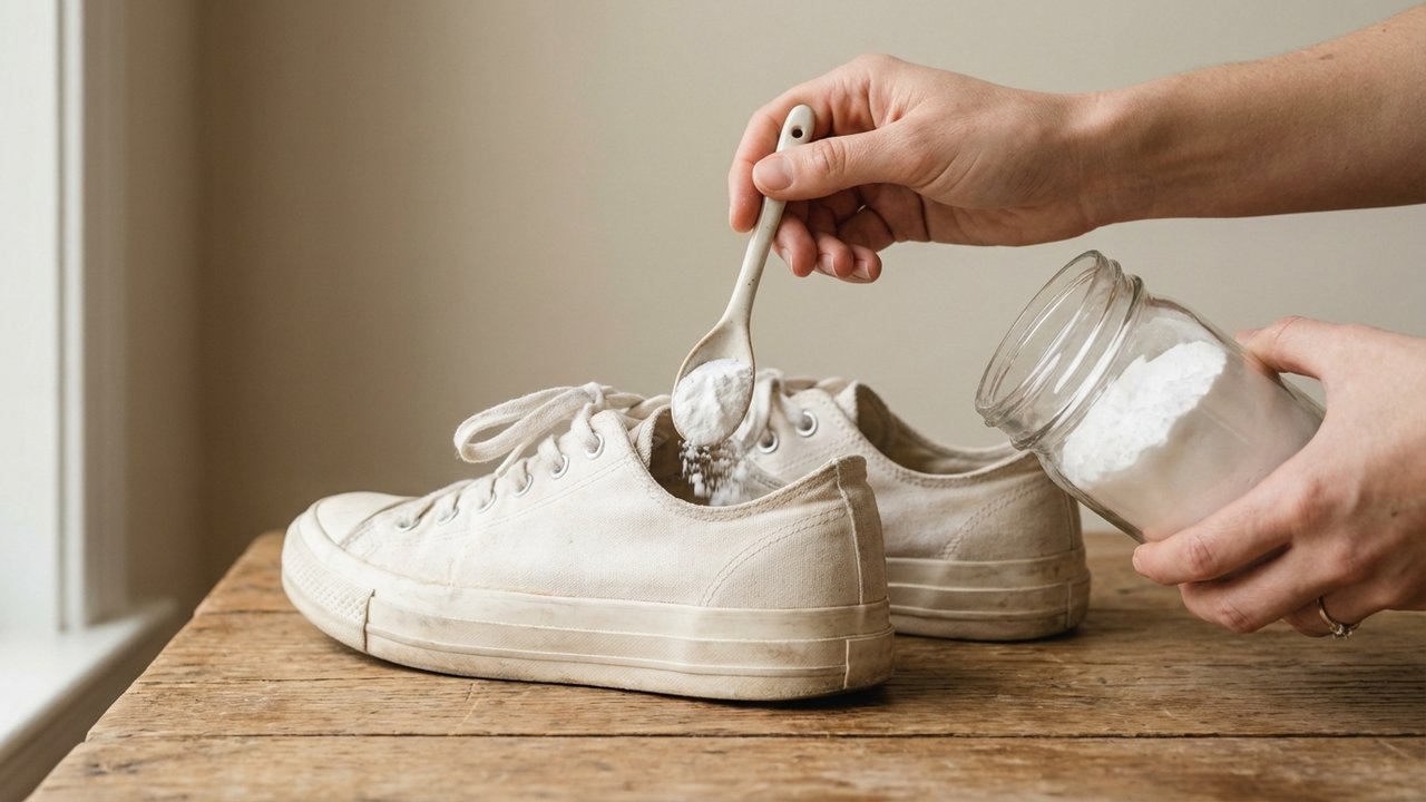 Application de bicarbonate de soude à l'intérieur d'une chaussure