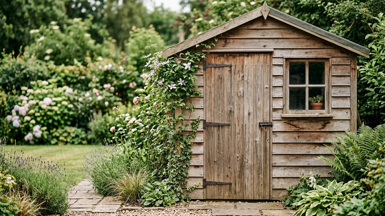 Texture du bois visible d'un abri de jardin avec lasure translucide
