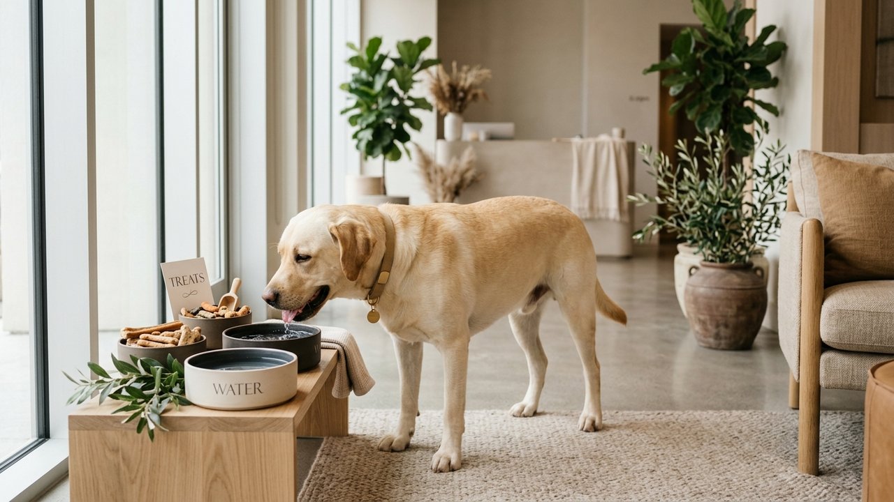 Chien accueilli dans un hôtel labellisé Qualidog avec gamelle et friandises