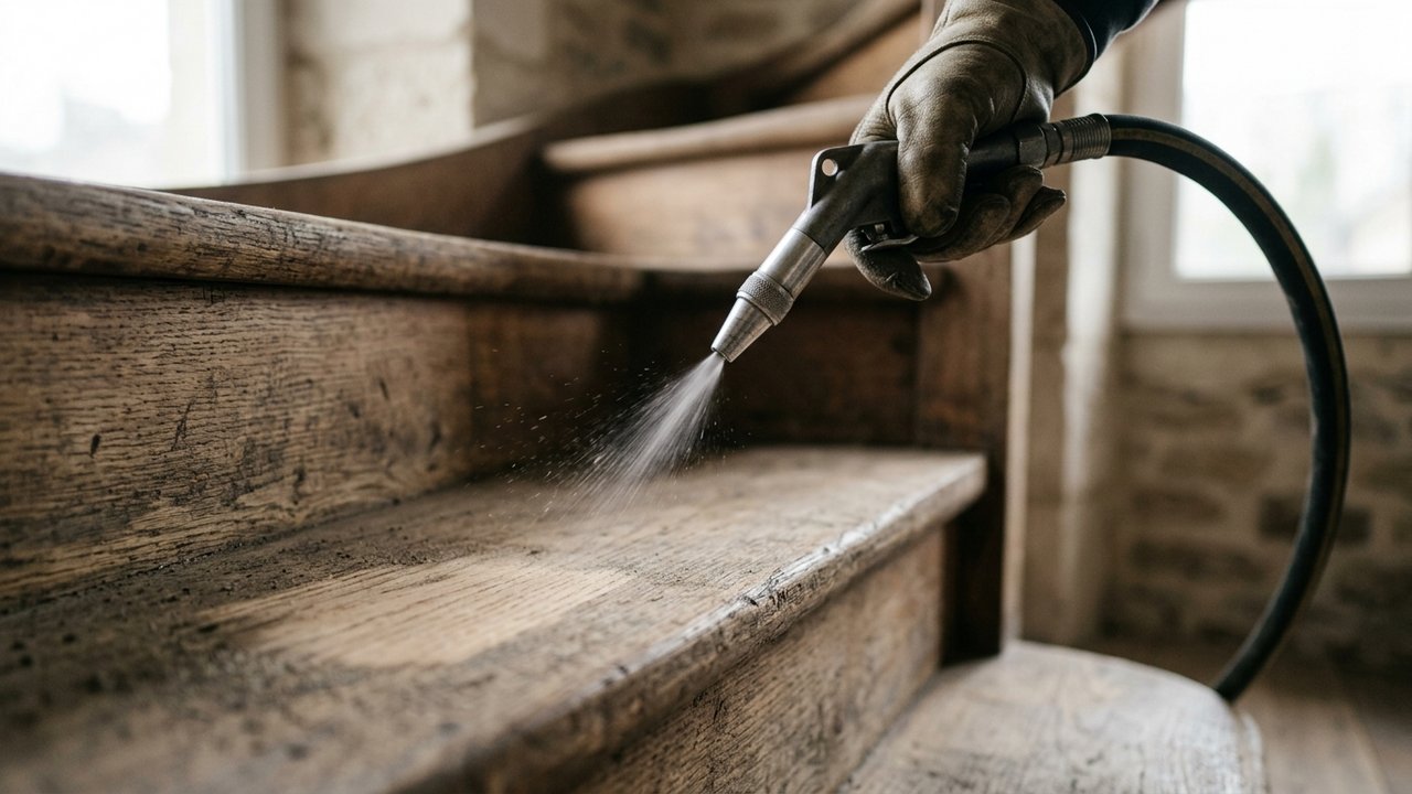 Application de l'aérogommage sur une marche d'escalier en bois