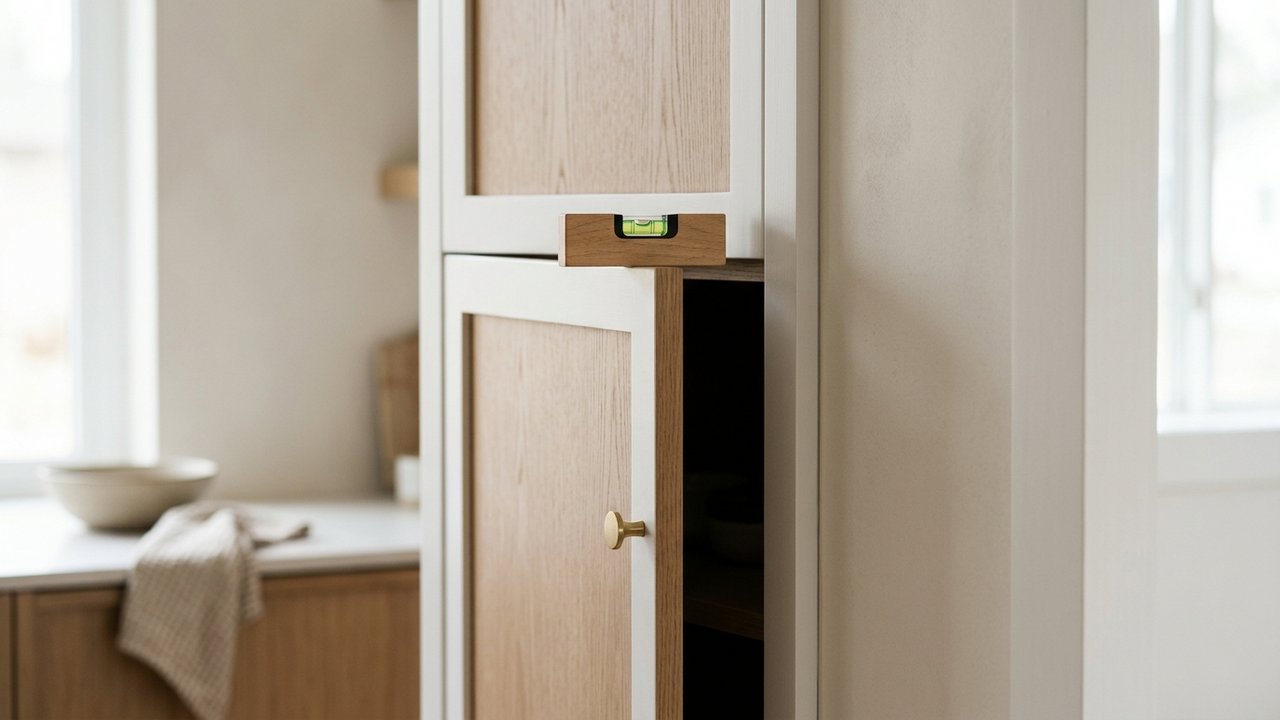 Vérification de l'alignement horizontal d'une porte de placard au niveau