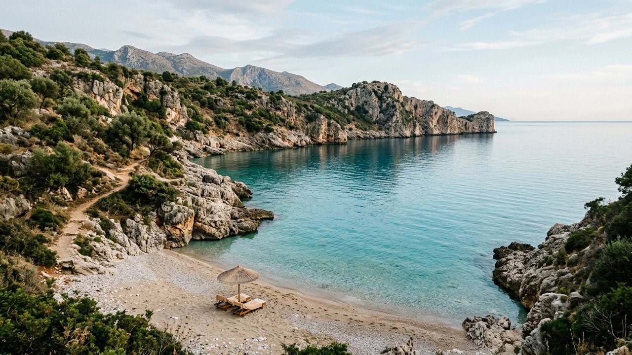 Baie de la Riviera albanaise avec eaux turquoise et falaises rocheuses