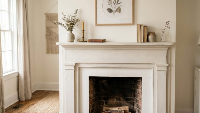 Cheminée ancienne habillée et décorée avec peinture blanche