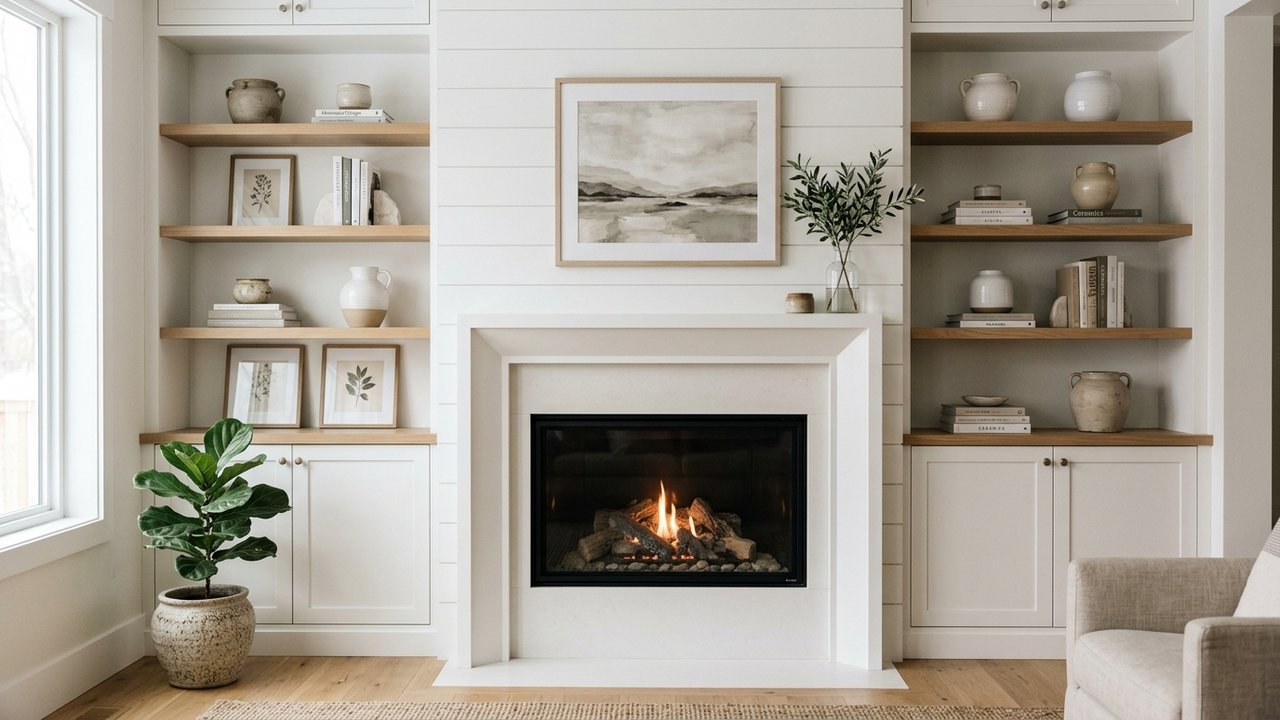 Cheminée ancienne intégrée dans un mur de rangements peints en blanc