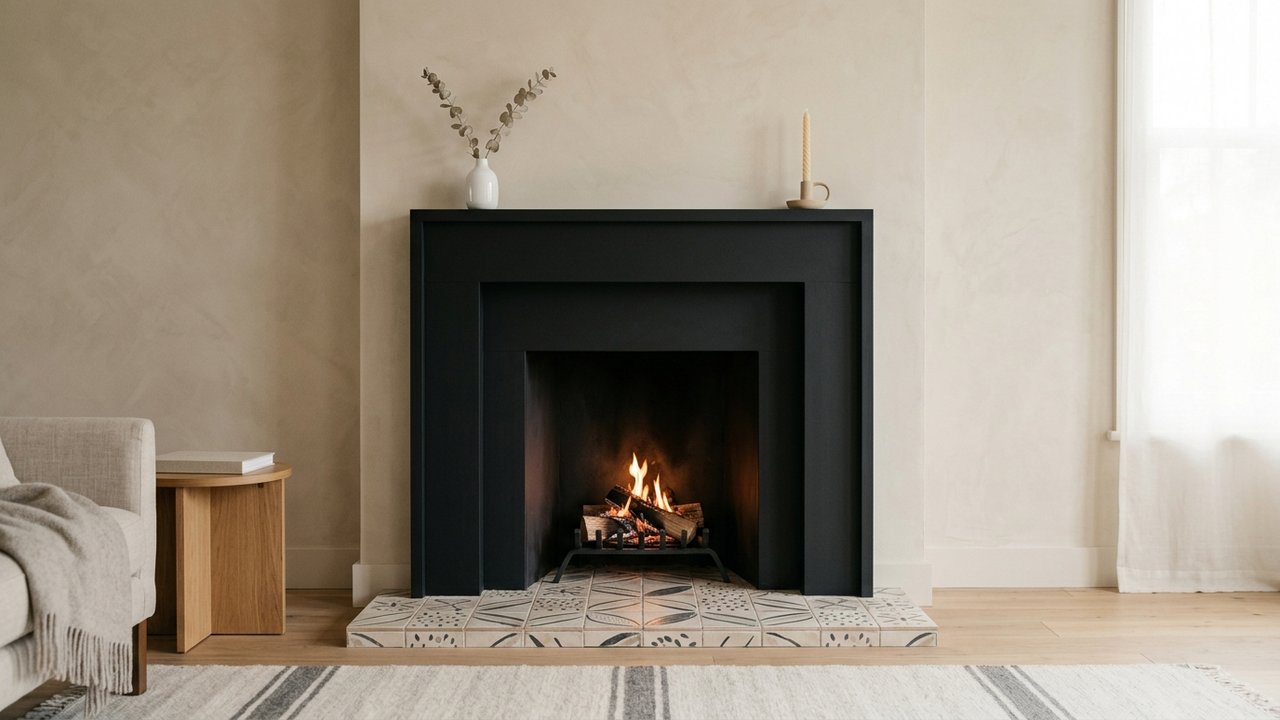 Cheminée ancienne peinte en noir mat avec carrelage décoratif