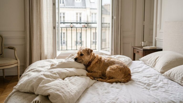 Chien confortablement installé dans une chambre d'hôtel parisien acceptant les animaux