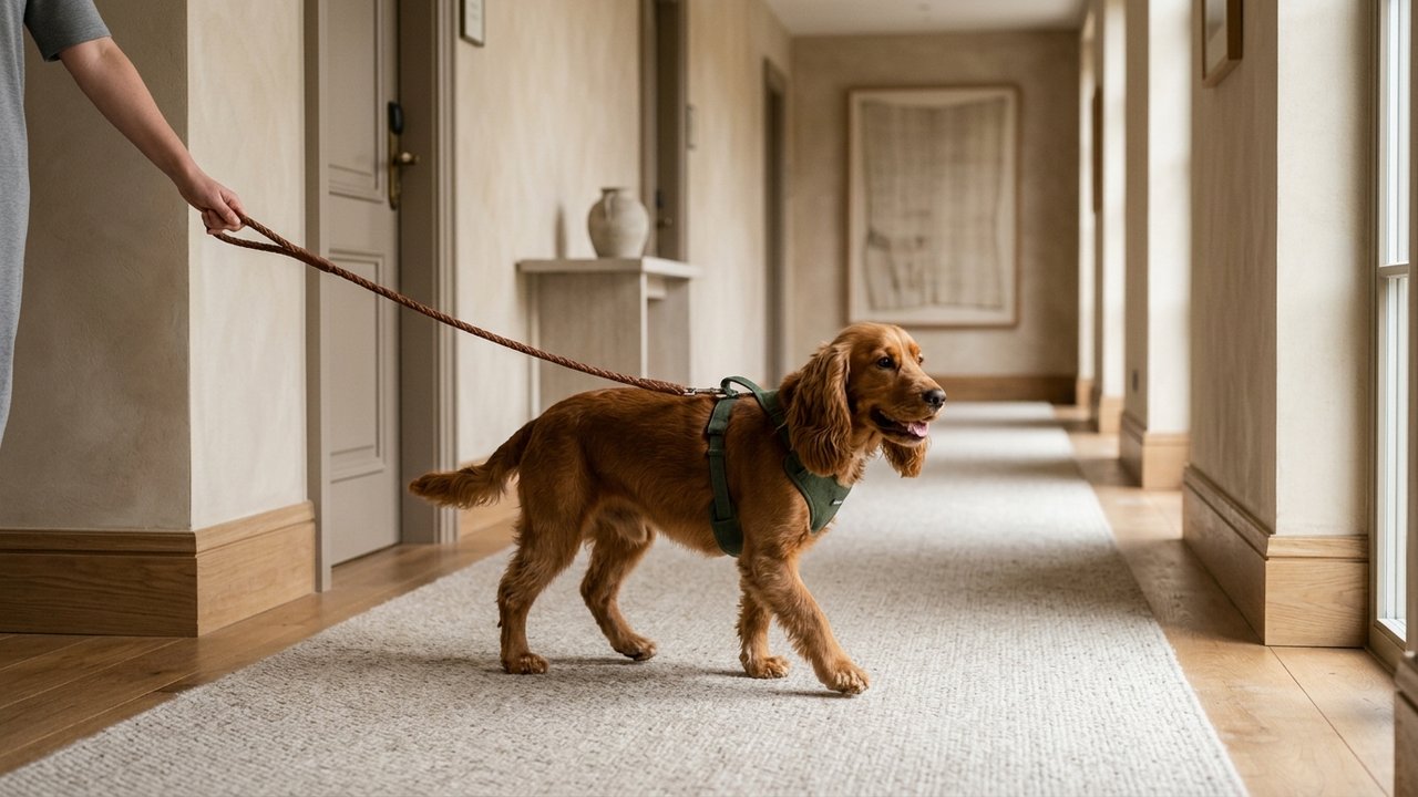 Chien en laisse dans les espaces communs d'un hôtel parisien