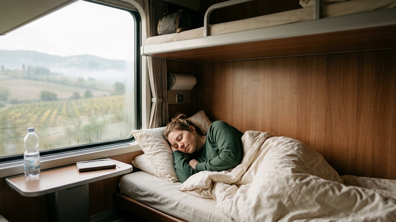 Voyageur dormant dans une couchette du train de nuit Nightjet vers Venise